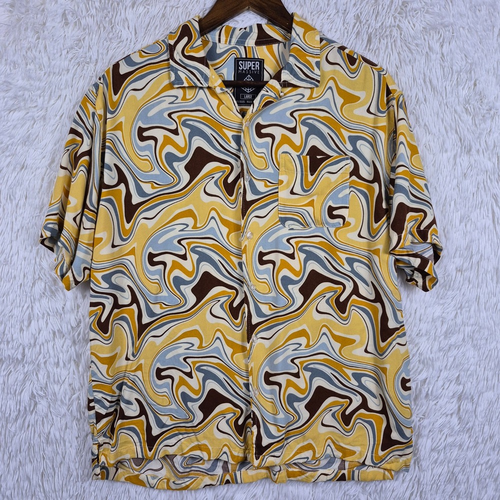 Super Massive Mens L Psychedelic Swirl Rayon Button Up Camp Shirt Yellow Brown